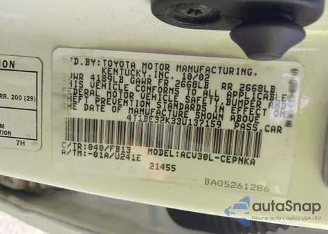 2003 Toyota Camry Le из США, поврежденный, VIN 4T1BE32K33U137159